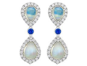 18KW 10.14ct Moonstone Earrings w/ 1.57ct Diamond, 0.30ct Sapphire