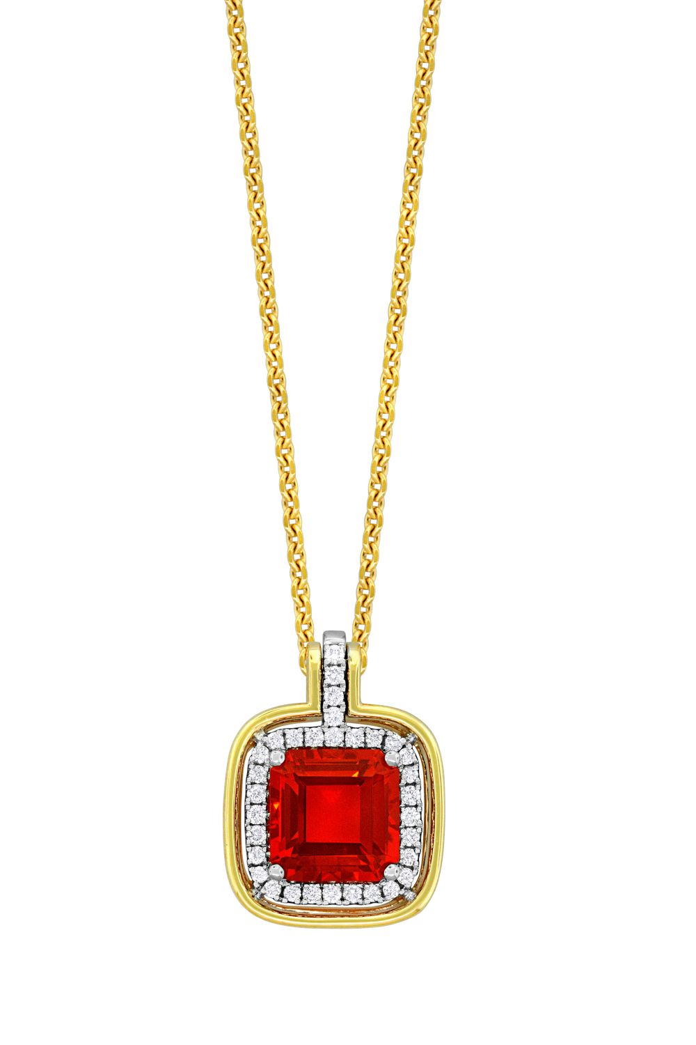 18KTT 1.70ct Sq Fire Opal, 0.30ct Diamond Halo Necklace 