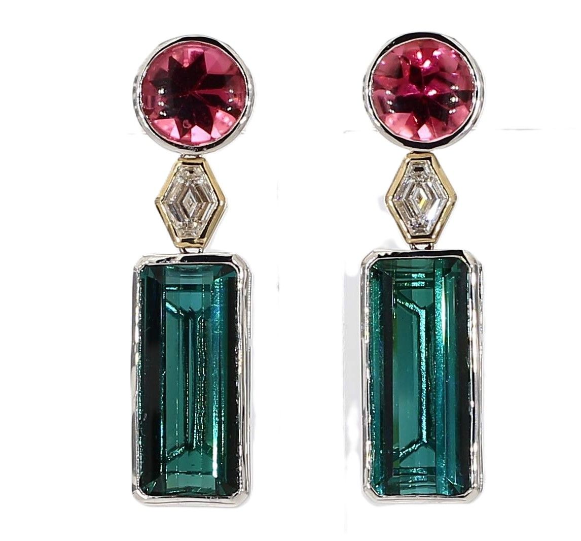 14KTT  Blue and Pink Tourmaline Dangle Earrings