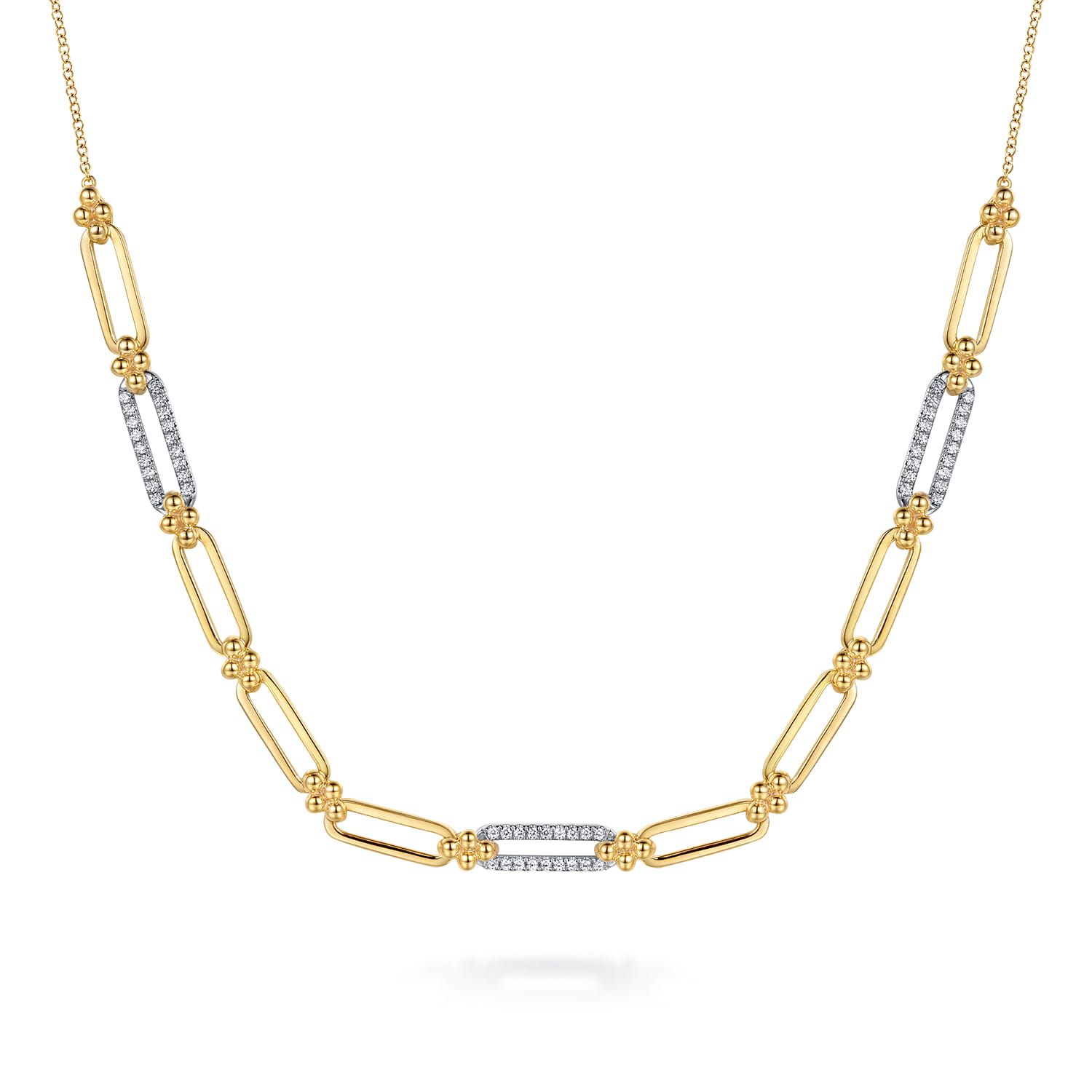 14K White Yellow Gold Bujukan and Diamond Link Bar Necklace
