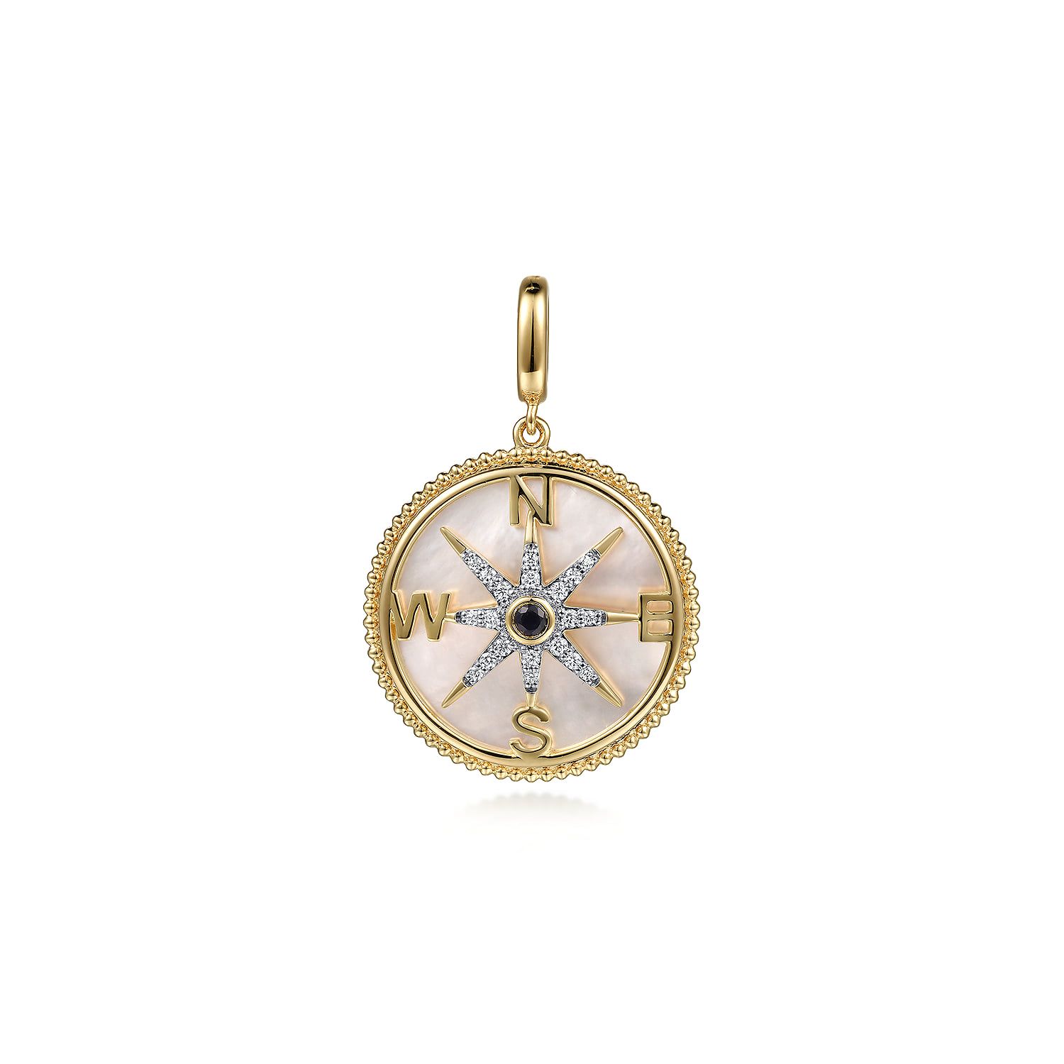 14K Yellow Gold Diamond Blue Sapphire 24mm Compass Medallion Pendant