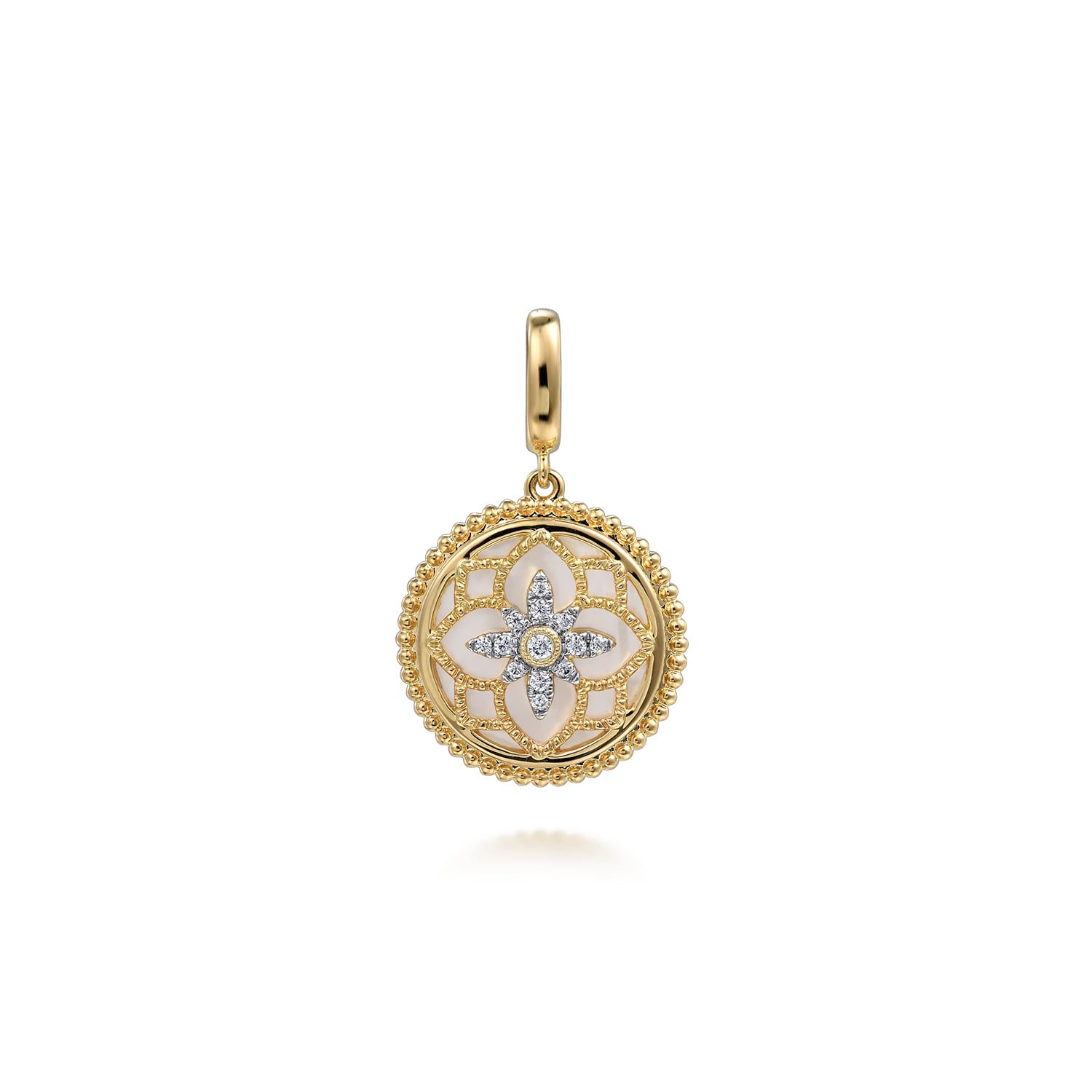 Floral - 14K Yellow Gold Bujukan Diamond and Mother of Pearl 18 mm Medallion Pendant