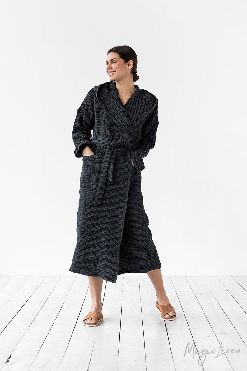 Womens Waffle Linen Robe - Dark Grey S-M