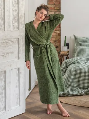 Womens Waffle Linen Robe - Forest Green S-M
