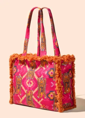 Fringed Box Tote Ikat Tigers Fuchsia