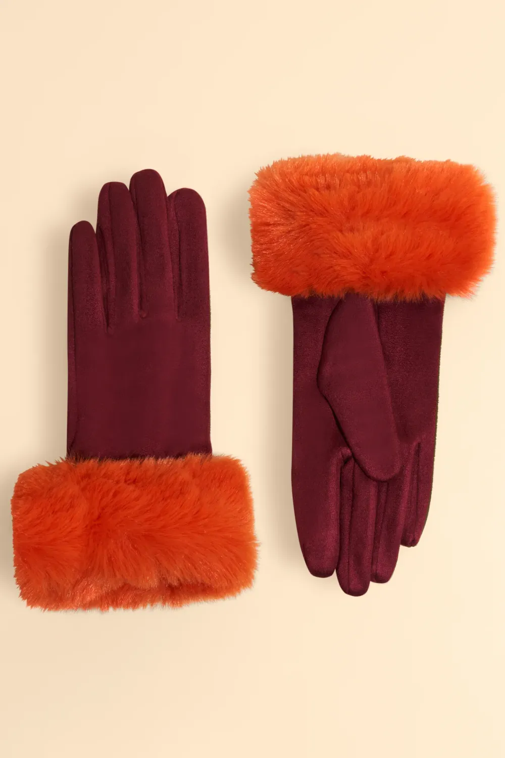 Suede &amp; Fur Gloves - Burgundy / Tangerine