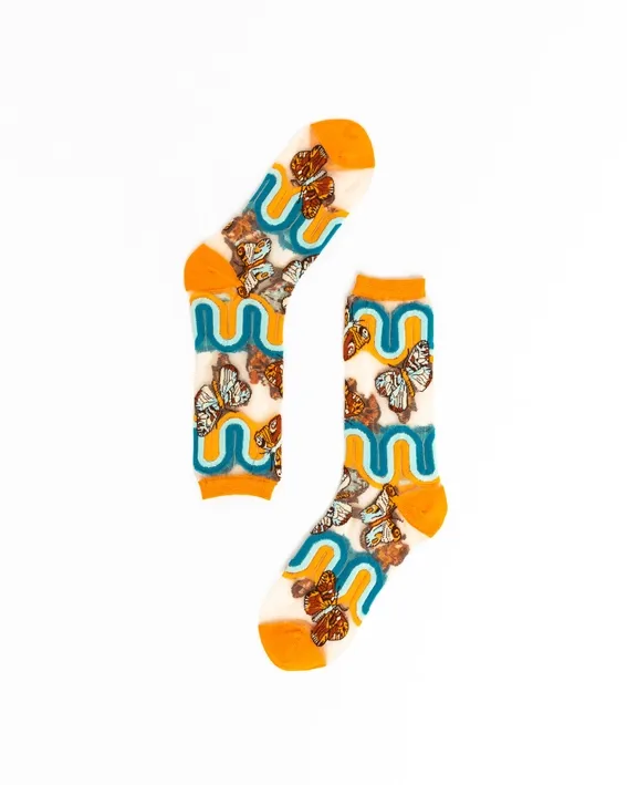 &#39;70s Rainbow Butterfly Sheer Crew Sock