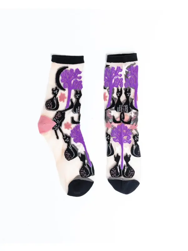 Nocturnal Halloween Cats Black Sheer Crew Socks