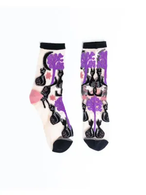 Nocturnal Halloween Cats Black Sheer Crew Socks