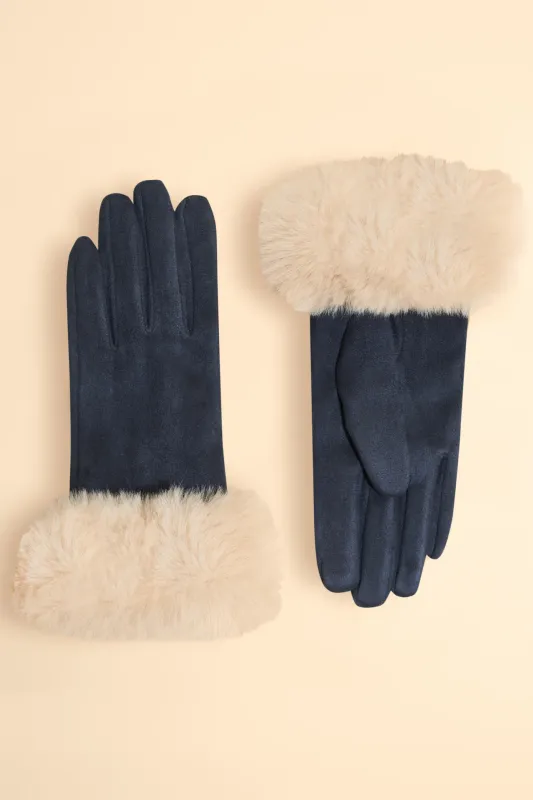 Suede &amp; Fur Gloves - Navy / Cream
