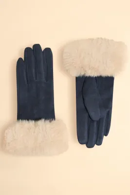 Suede &amp; Fur Gloves - Navy / Cream