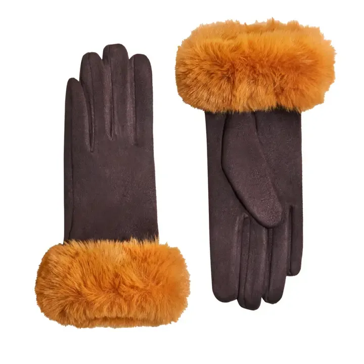 Suede &amp; Fur Gloves - Chocolate / Mustard