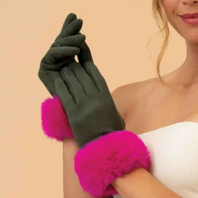Suede &amp; Fur Gloves - Olive / Magenta