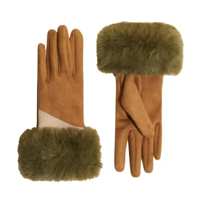 Suede &amp; Fur Gloves - Sand