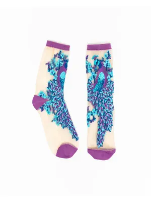 Aquamarine Peacock Sheer Crew Socks