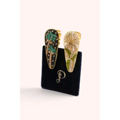 2 Hair Barettes - Midnight Trees / Champagne Flower