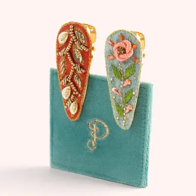 2 Hair Barettes - Ice Flowers / Tangerine Leaves