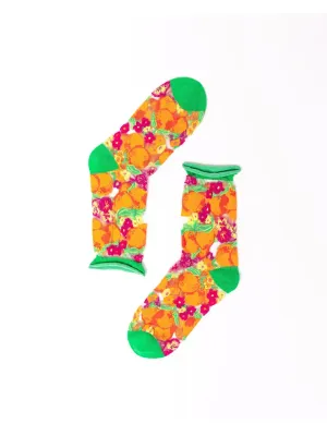 Orange Floral Sheer Crew Socks