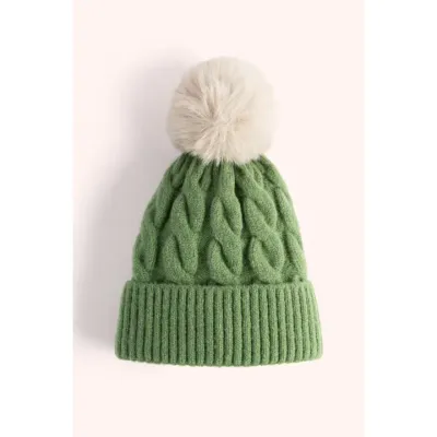Elise Bobble Hat - Sage / Cream