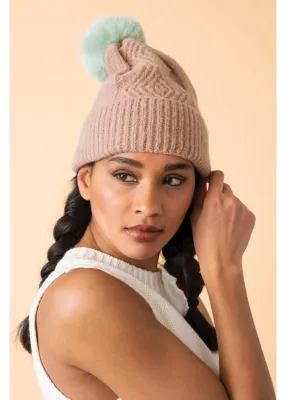 Ingrid Bobble Hat - Taupe / Aqua