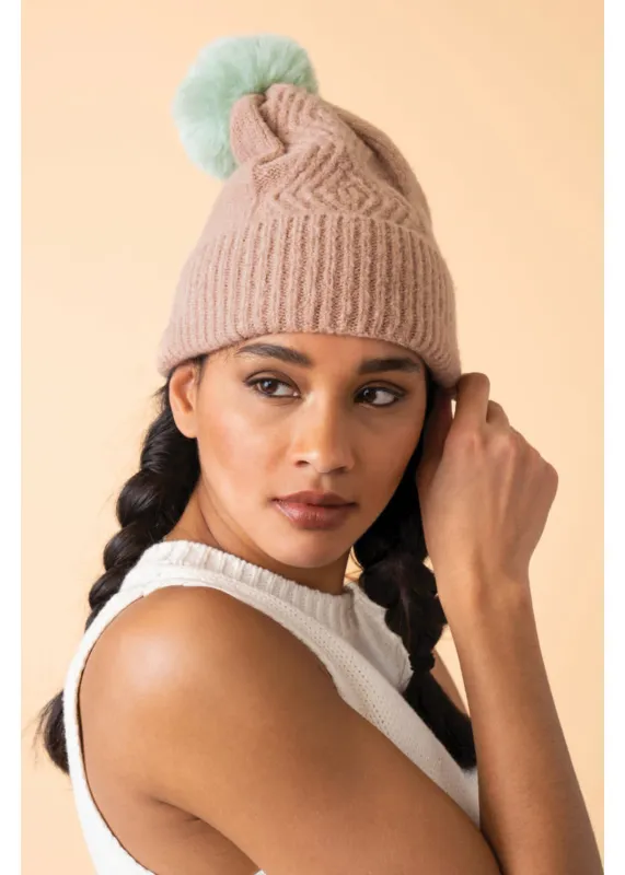 Ingrid Bobble Hat - Taupe / Aqua