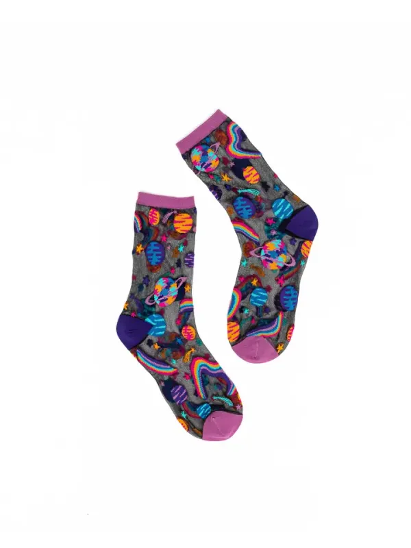 Pop Art Planets Black Sheer Crew Socks
