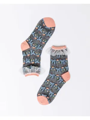 Floral Bow Ruffle Black Sheer Ankle Sock