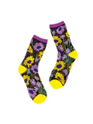 Mixed Sunflowers Black Sheer Crew Socks