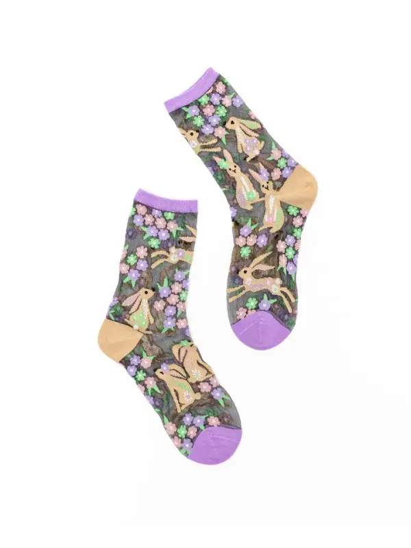 Rabbit Floral Black Sheer Crew Socks