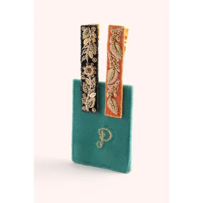 2 Hair Barettes - Navy / Tangerine Leaves