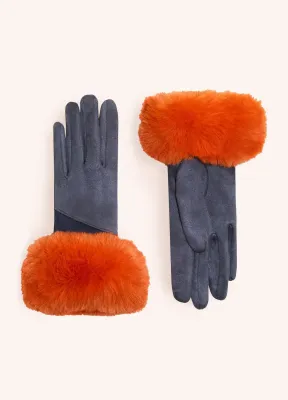 Suede &amp; Fur Gloves - Denim