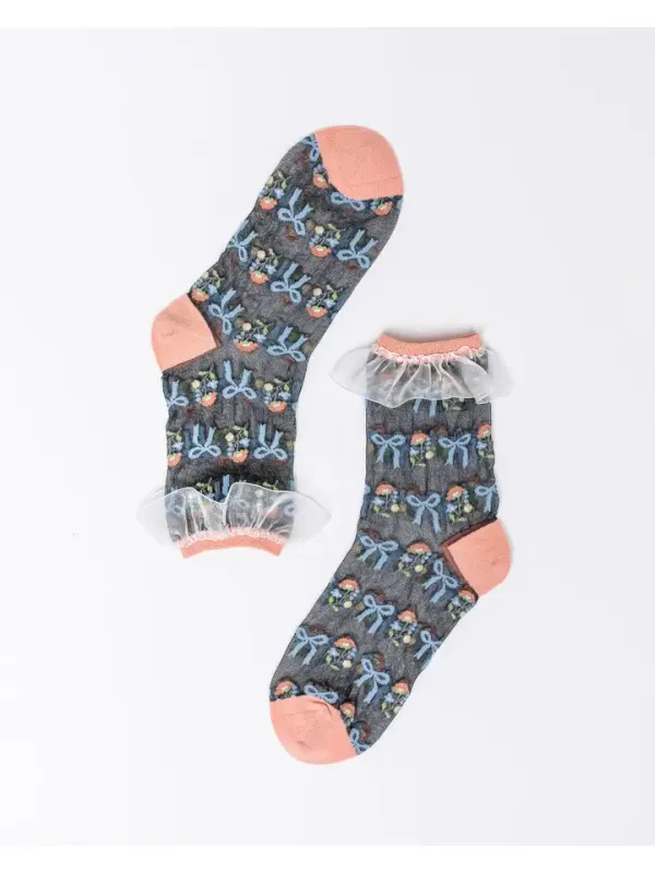 Floral Bow Ruffle Black Sheer Ankle Sock