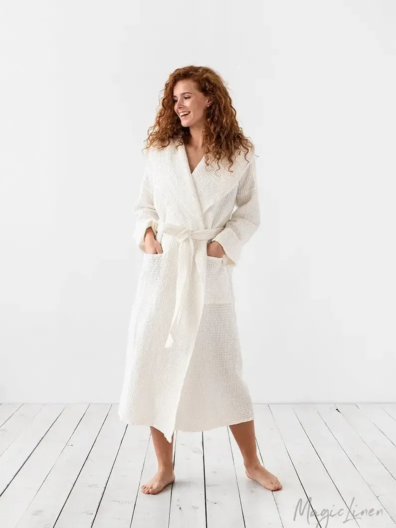 Womens Waffle Linen Robe - White S-M