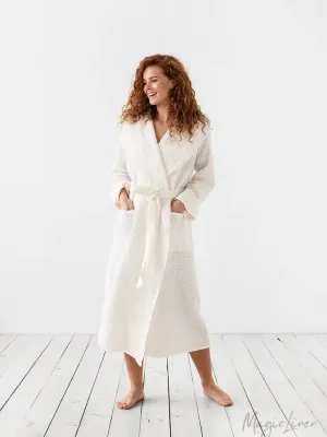Womens Waffle Linen Robe - White S-M