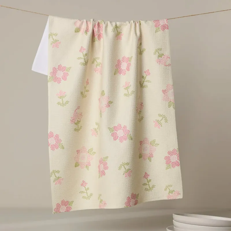 Cross Stitch Floral Yellow Geometry Tea Towel