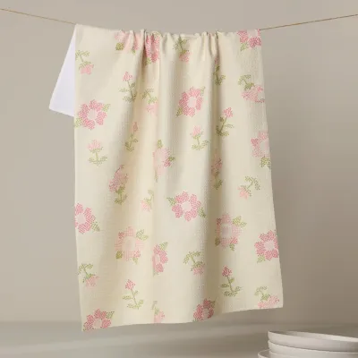 Cross Stitch Floral Yellow Geometry Tea Towel