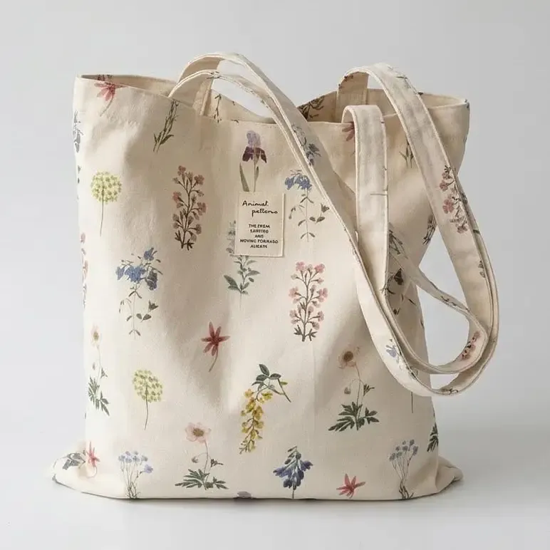 Beige Floral Botanical Print Cotton Tote Bag