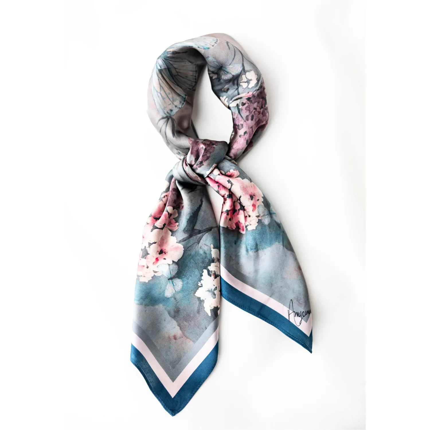 Silk Scarf 35" x 35" - Cottage Garden Deep Blue