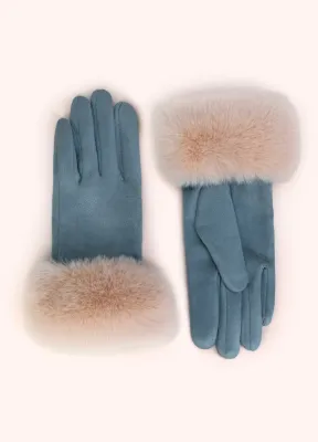 Suede &amp; Fur Gloves - Denim