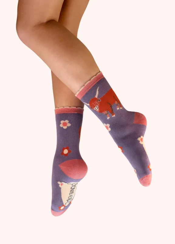 Purple Highland Cow Ankle Socks