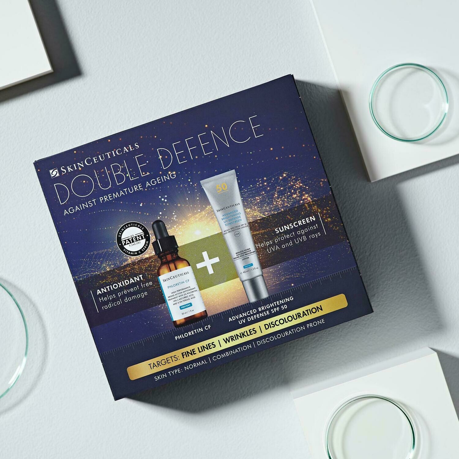 DOUBLE DEFENCE with PHLORETIN CF &amp; ADVANCED BRIGHTENING SPF50