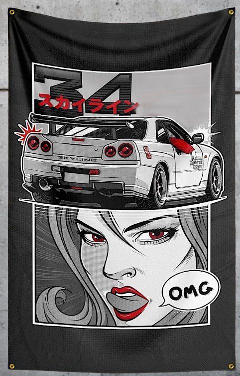 Fahne Wandtuch – Godzilla Skyline R34 GTR Comic Style
