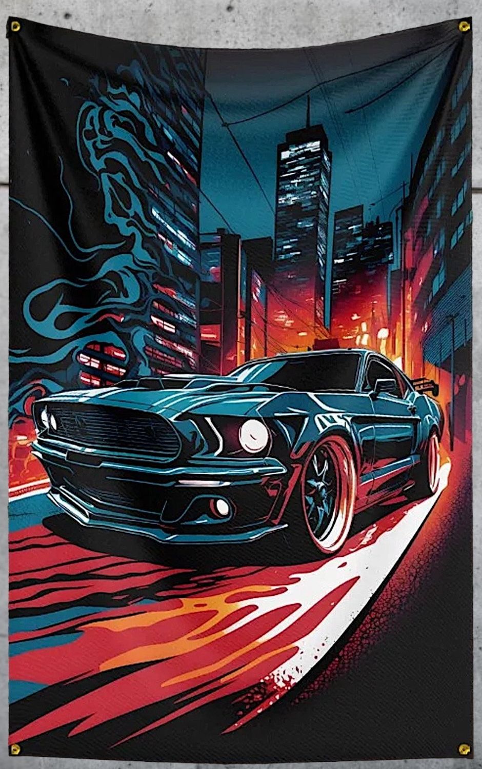 Fahne Wandtuch – Urban Mustang Muscle Car Wandbanner – Neon City Design