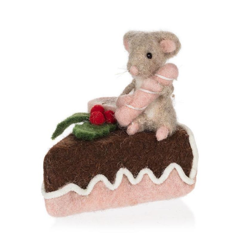 4.5&quot; Wool Mouse with Cake Ornament