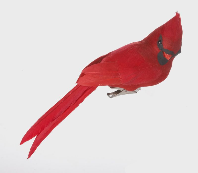 Feather &amp; Flocked Cardinal with Clip 8&quot; – Red