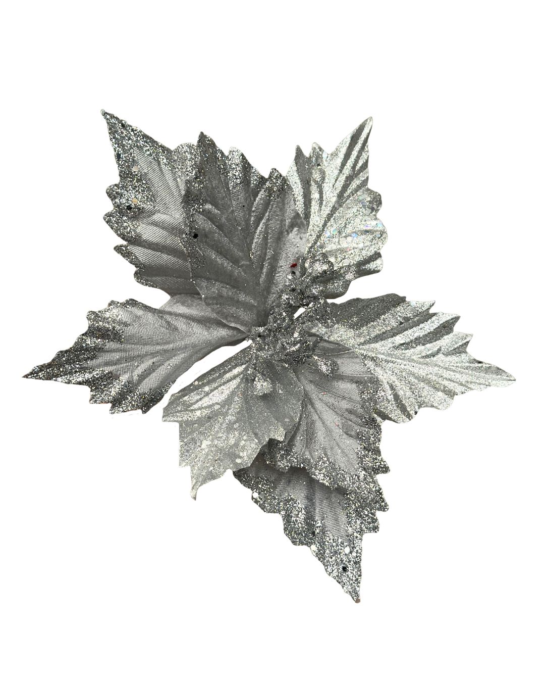 Embossed Poinsettia Pick with Glitter Edges – Grey/Silver, 29cm