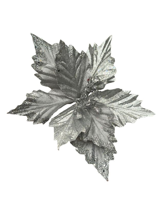 Embossed Poinsettia Pick with Glitter Edges – Grey/Silver, 29cm