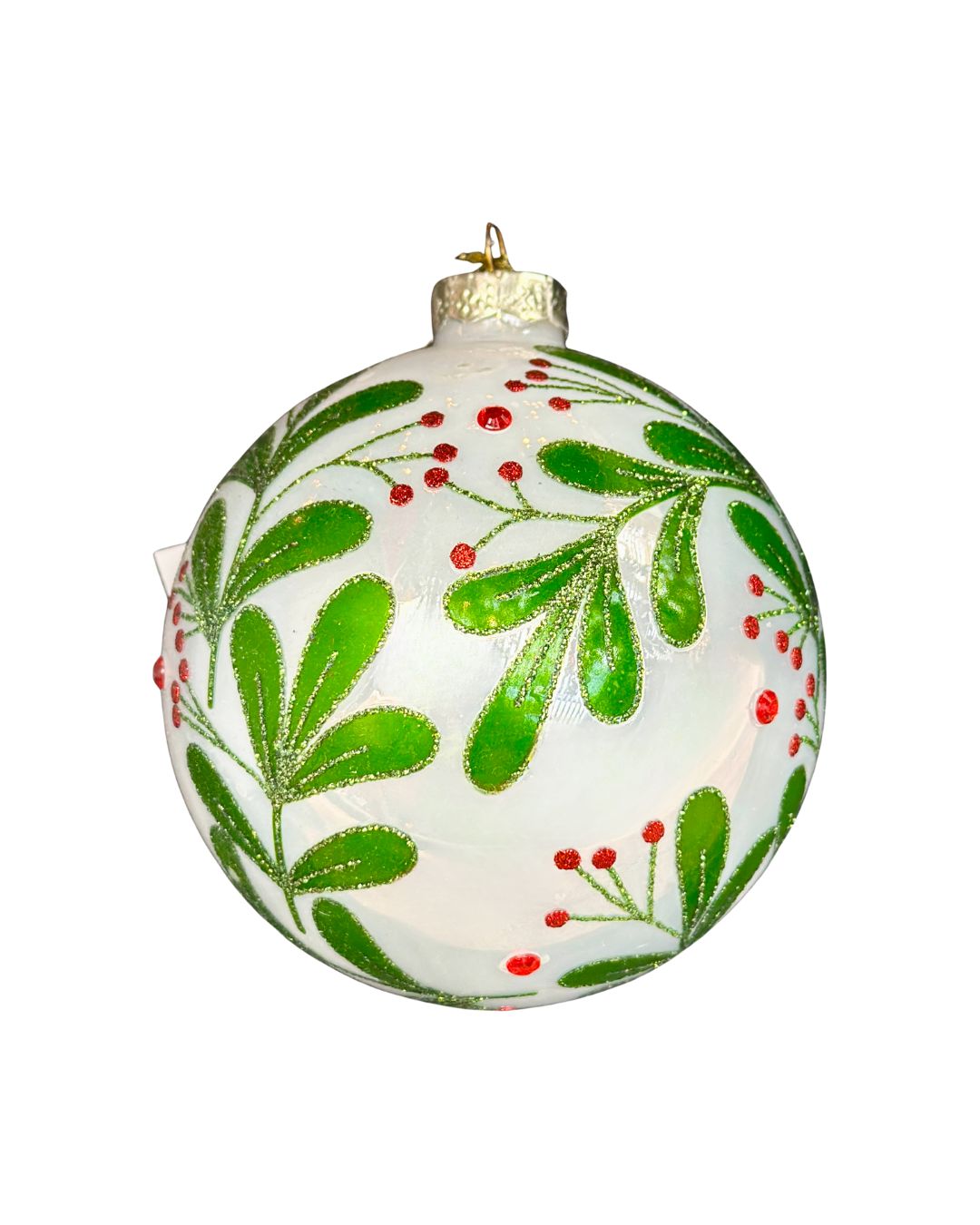 White Glass Ornament with Holly Berries &amp; Leaves