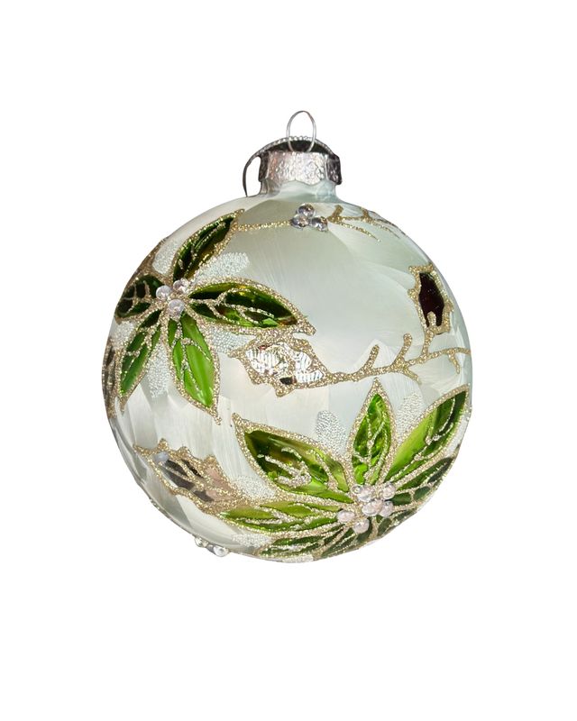 Light Green Glass Ball Ornament with Glitz Poinsettia Design