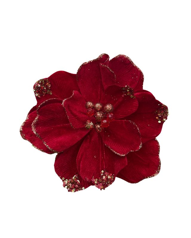 Deep Red Velvet Poinsettia Stem with Gold Glitter Tips – 20&quot;